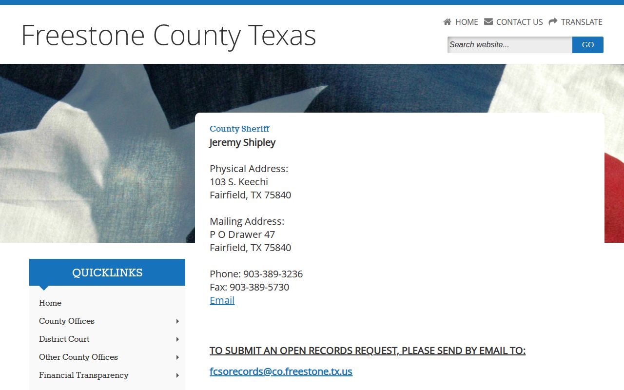 Freestone County Sheriff booking record contact page