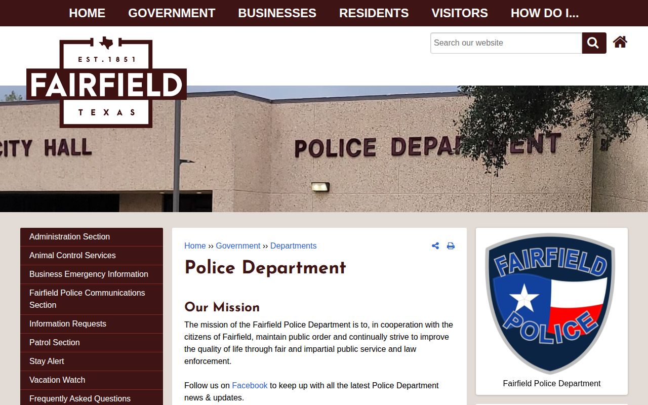 Fairfield Police Department official records contact page for Fairfield arrest records