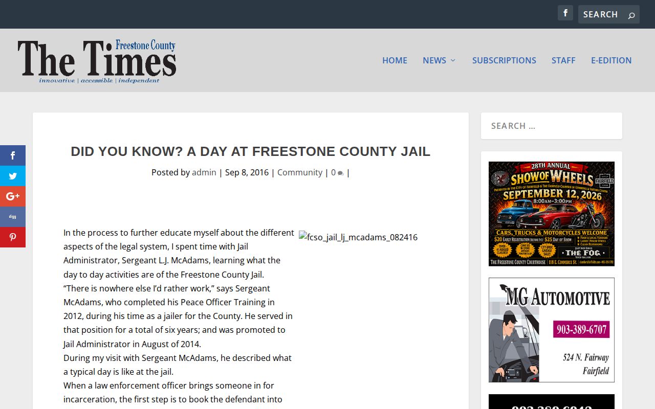 Freestone County booking process news source